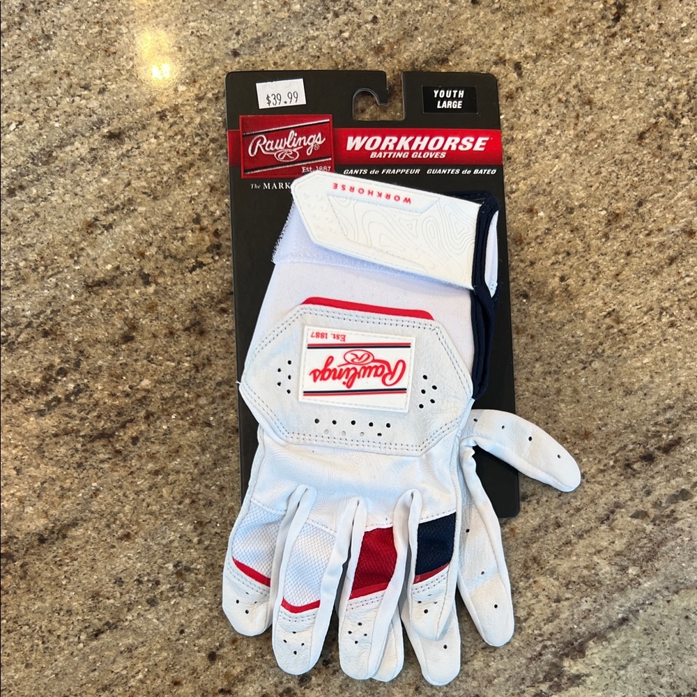 Rawlings Workhorse Youth Batting Gloves - White, Red, and Blue